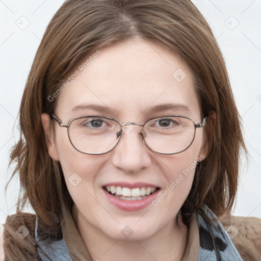 Joyful white young-adult female with medium  brown hair and blue eyes