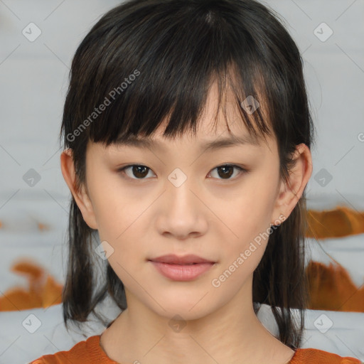 Neutral asian young-adult female with medium  brown hair and brown eyes