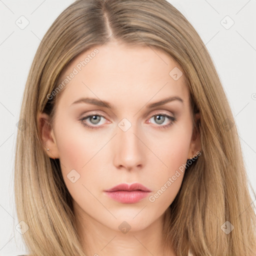 Neutral white young-adult female with long  brown hair and brown eyes