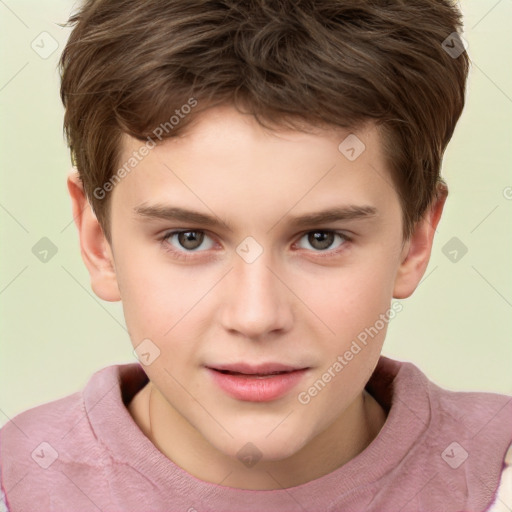 Joyful white child male with short  brown hair and brown eyes