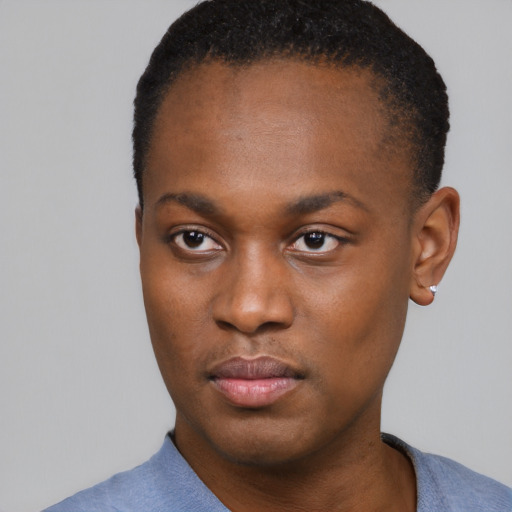 Neutral black young-adult male with short  black hair and brown eyes
