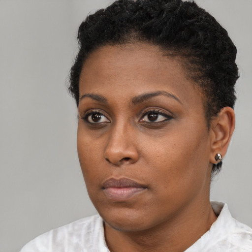 Neutral black young-adult female with short  black hair and brown eyes