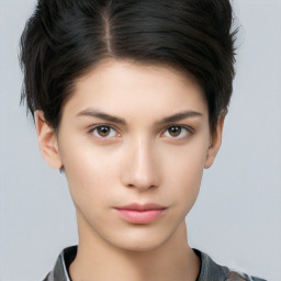 Neutral white young-adult female with short  brown hair and brown eyes