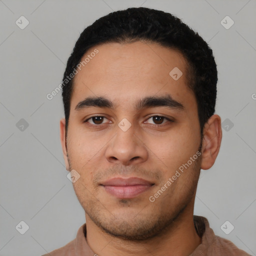 Neutral latino young-adult male with short  black hair and brown eyes