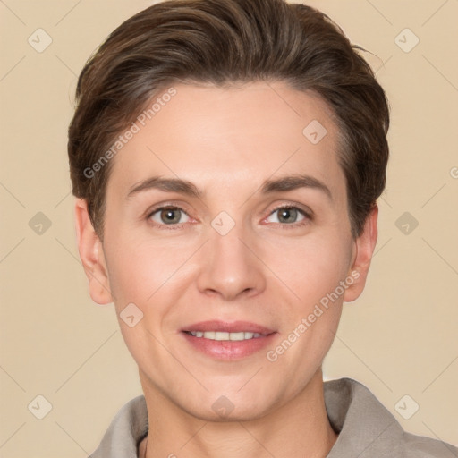 Joyful white adult female with short  brown hair and brown eyes