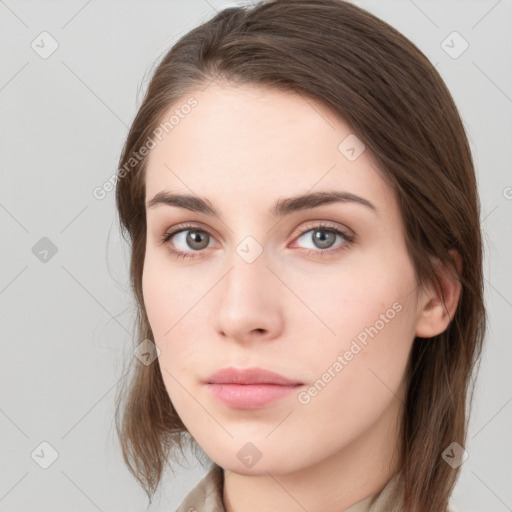 Neutral white young-adult female with medium  brown hair and blue eyes