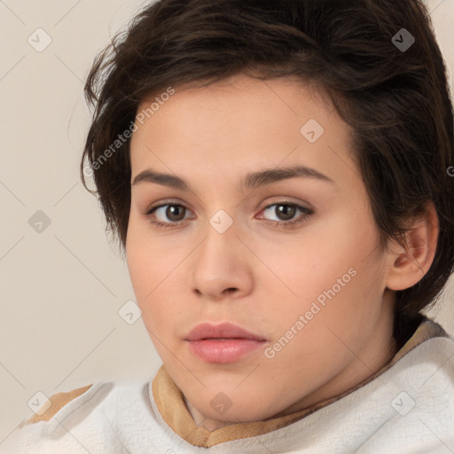 Neutral white young-adult female with short  brown hair and brown eyes