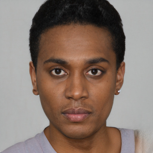 Neutral black young-adult male with short  black hair and brown eyes