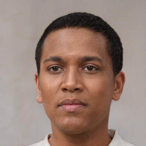 Neutral black young-adult male with short  black hair and brown eyes