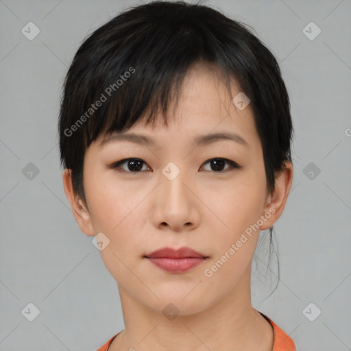 Neutral asian young-adult female with short  brown hair and brown eyes