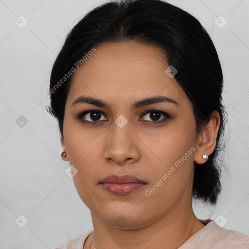 Neutral asian young-adult female with medium  black hair and brown eyes