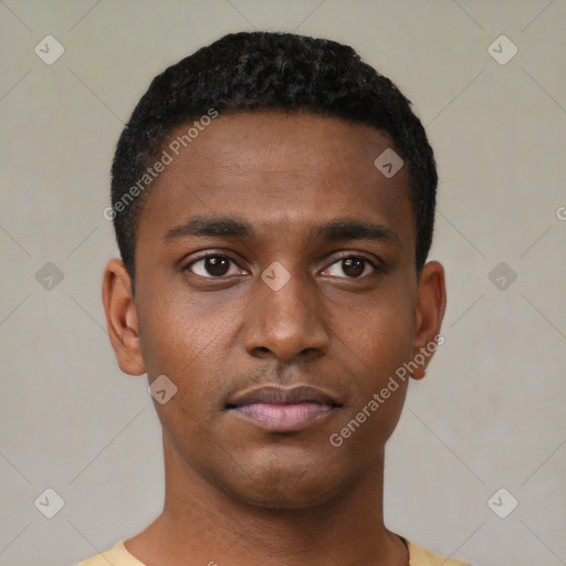 Neutral black young-adult male with short  black hair and brown eyes