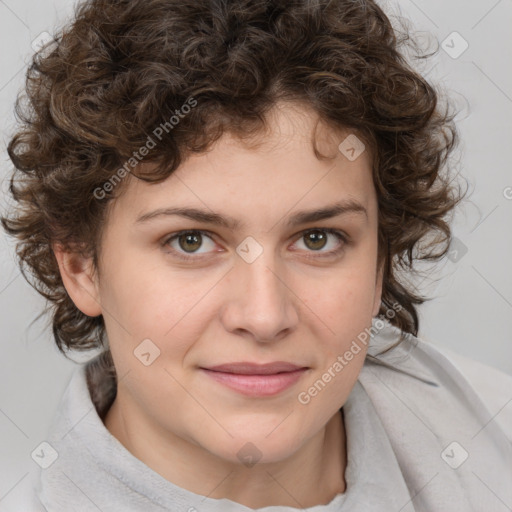 Joyful white young-adult female with medium  brown hair and green eyes