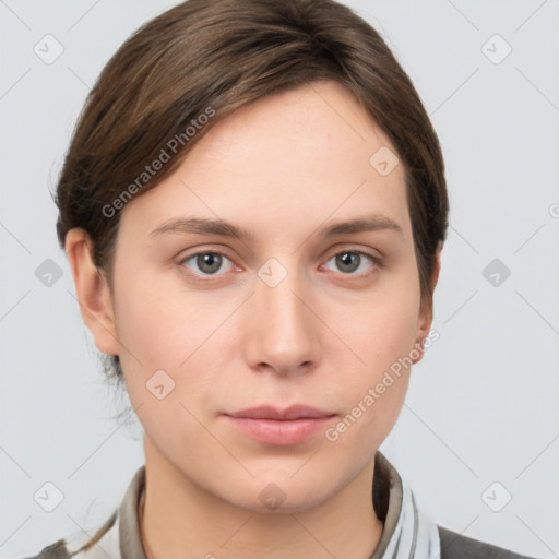 Neutral white young-adult female with medium  brown hair and grey eyes