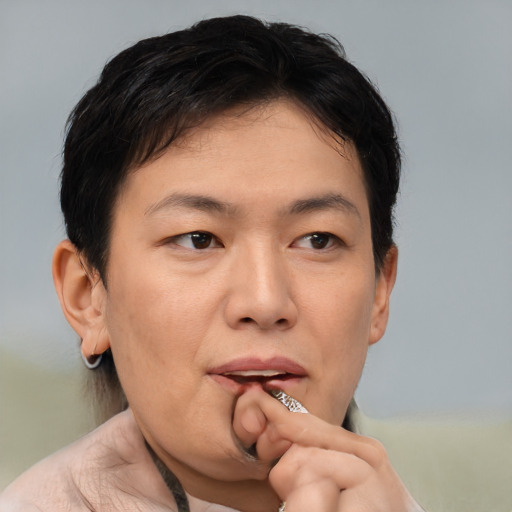 Neutral asian adult female with short  brown hair and brown eyes