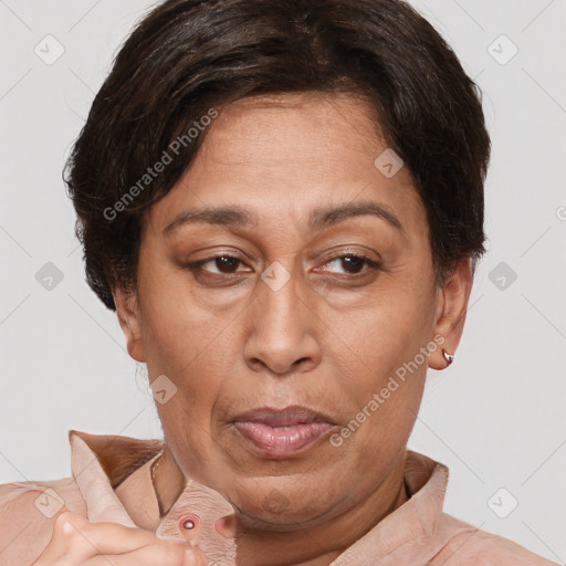 Joyful latino adult female with short  brown hair and brown eyes