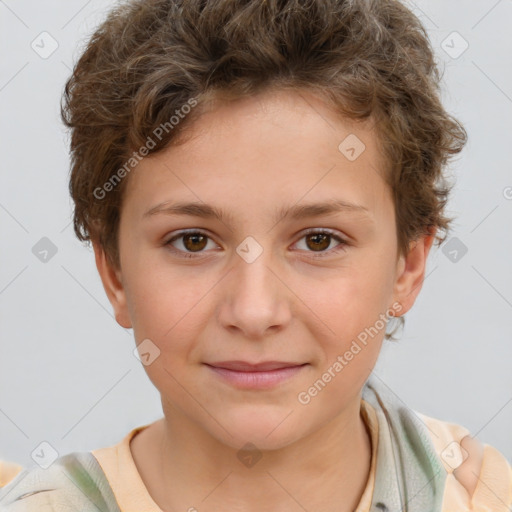 Joyful white child female with short  brown hair and brown eyes