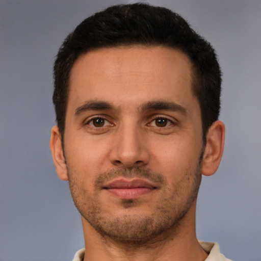 Neutral white young-adult male with short  brown hair and brown eyes