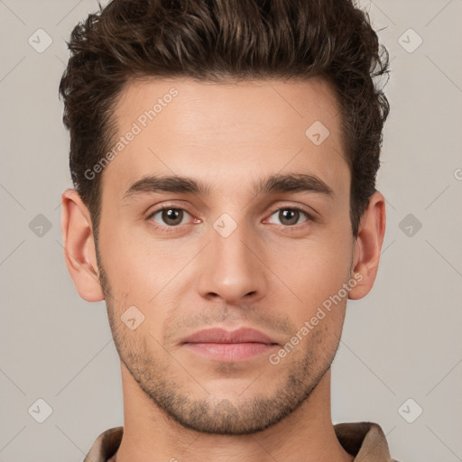 Neutral white young-adult male with short  brown hair and brown eyes