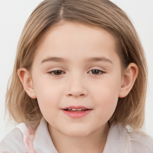 Joyful white child female with medium  brown hair and brown eyes