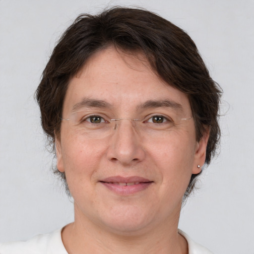 Joyful white adult male with medium  brown hair and brown eyes