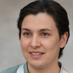 Joyful white adult female with medium  brown hair and brown eyes