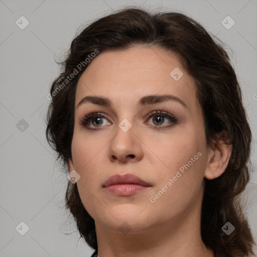 Neutral white young-adult female with medium  brown hair and brown eyes