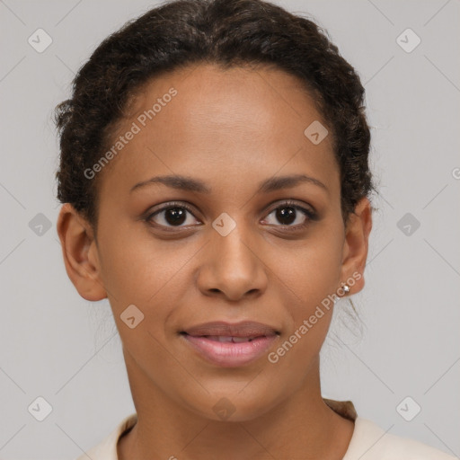 Joyful latino young-adult female with short  brown hair and brown eyes