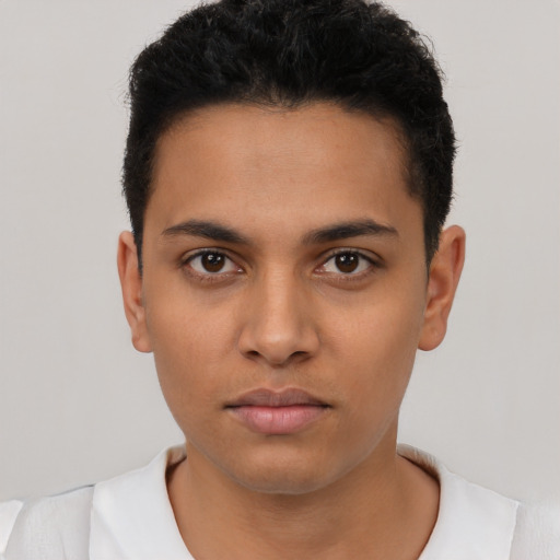 Neutral latino young-adult male with short  black hair and brown eyes