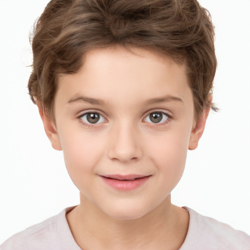 Joyful white child female with short  brown hair and brown eyes