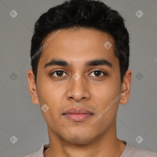 Neutral latino young-adult male with short  black hair and brown eyes