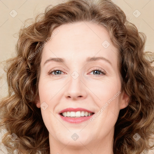 Joyful white young-adult female with medium  brown hair and green eyes