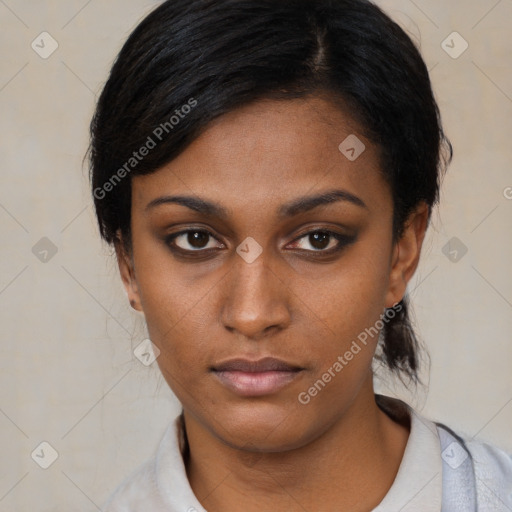 Neutral black young-adult female with medium  black hair and brown eyes