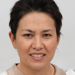 Joyful white adult female with short  brown hair and brown eyes