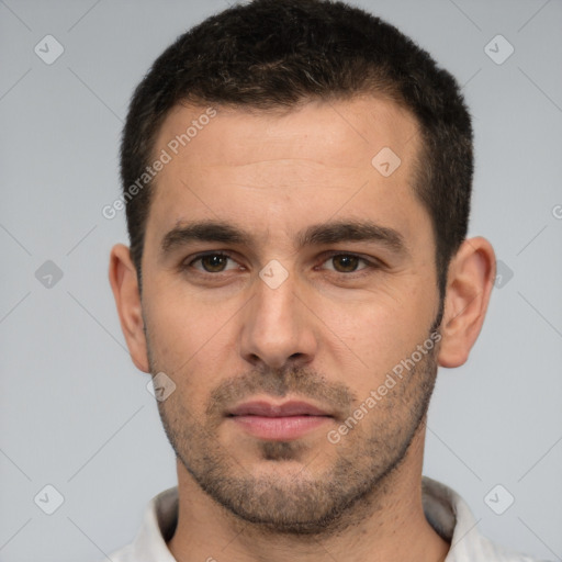 Neutral white young-adult male with short  brown hair and brown eyes