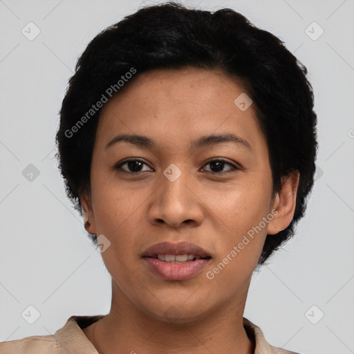 Joyful latino young-adult female with short  black hair and brown eyes