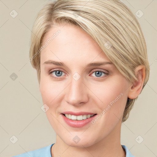 Joyful white young-adult female with medium  brown hair and blue eyes