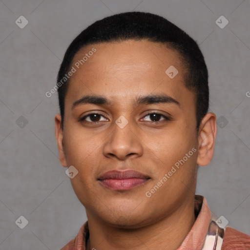 Joyful latino young-adult male with short  black hair and brown eyes