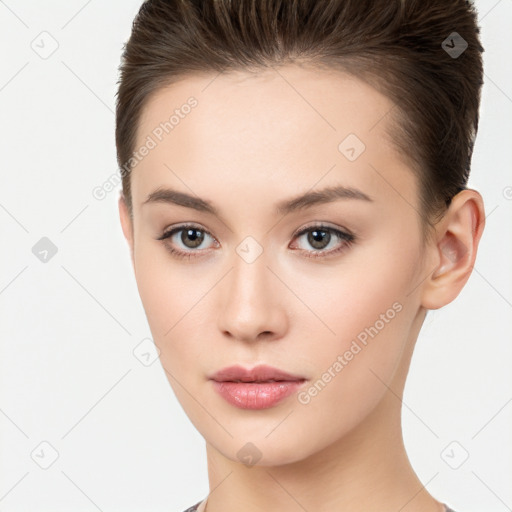 Neutral white young-adult female with short  brown hair and brown eyes