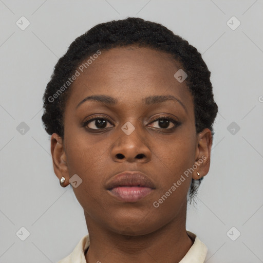 Neutral black young-adult female with short  brown hair and brown eyes