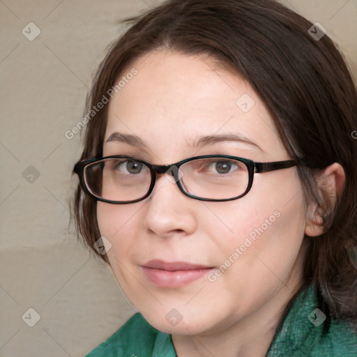 Neutral white adult female with medium  brown hair and green eyes