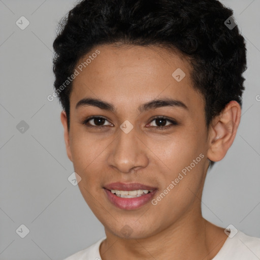 Joyful latino young-adult female with short  brown hair and brown eyes