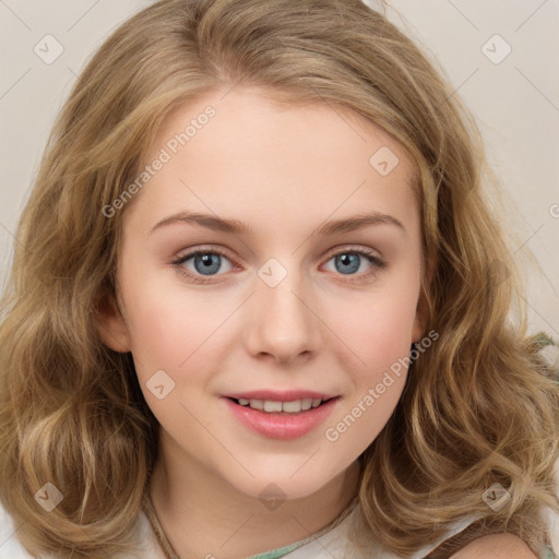 Joyful white young-adult female with long  brown hair and green eyes