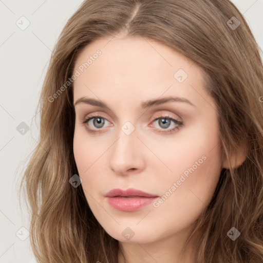 Neutral white young-adult female with long  brown hair and grey eyes