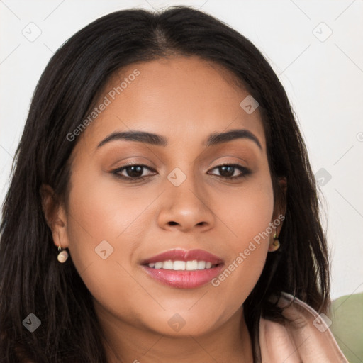 Joyful latino young-adult female with long  brown hair and brown eyes