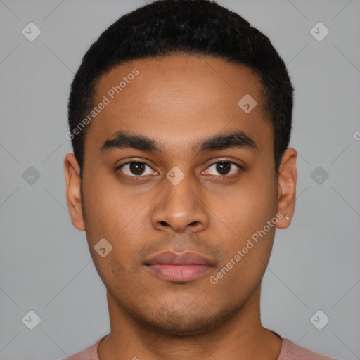 Neutral latino young-adult male with short  black hair and brown eyes