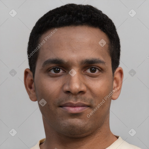 Neutral black young-adult male with short  black hair and brown eyes