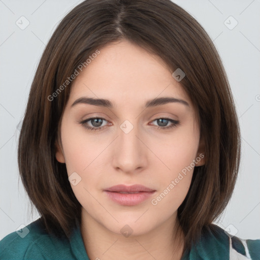 Neutral white young-adult female with medium  brown hair and brown eyes