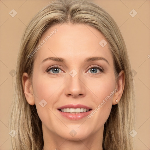 Joyful white young-adult female with long  brown hair and grey eyes