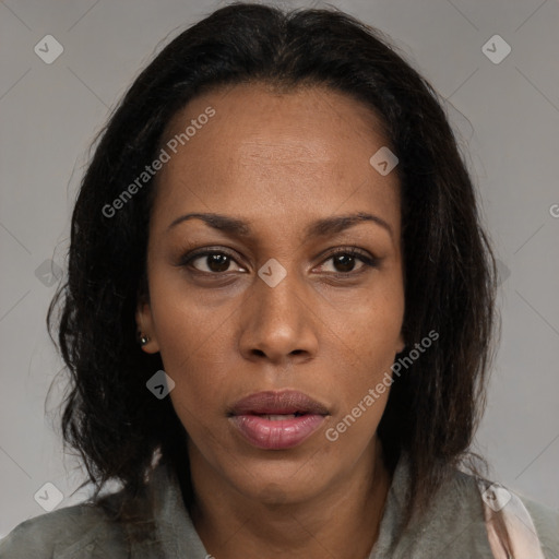 Neutral black young-adult female with medium  brown hair and brown eyes